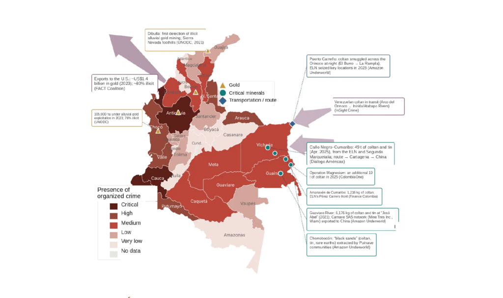 Map of Colombia showing armed-group presence by department, illicit gold concentrated in the west and critical minerals activity along the eastern border with Venezuela